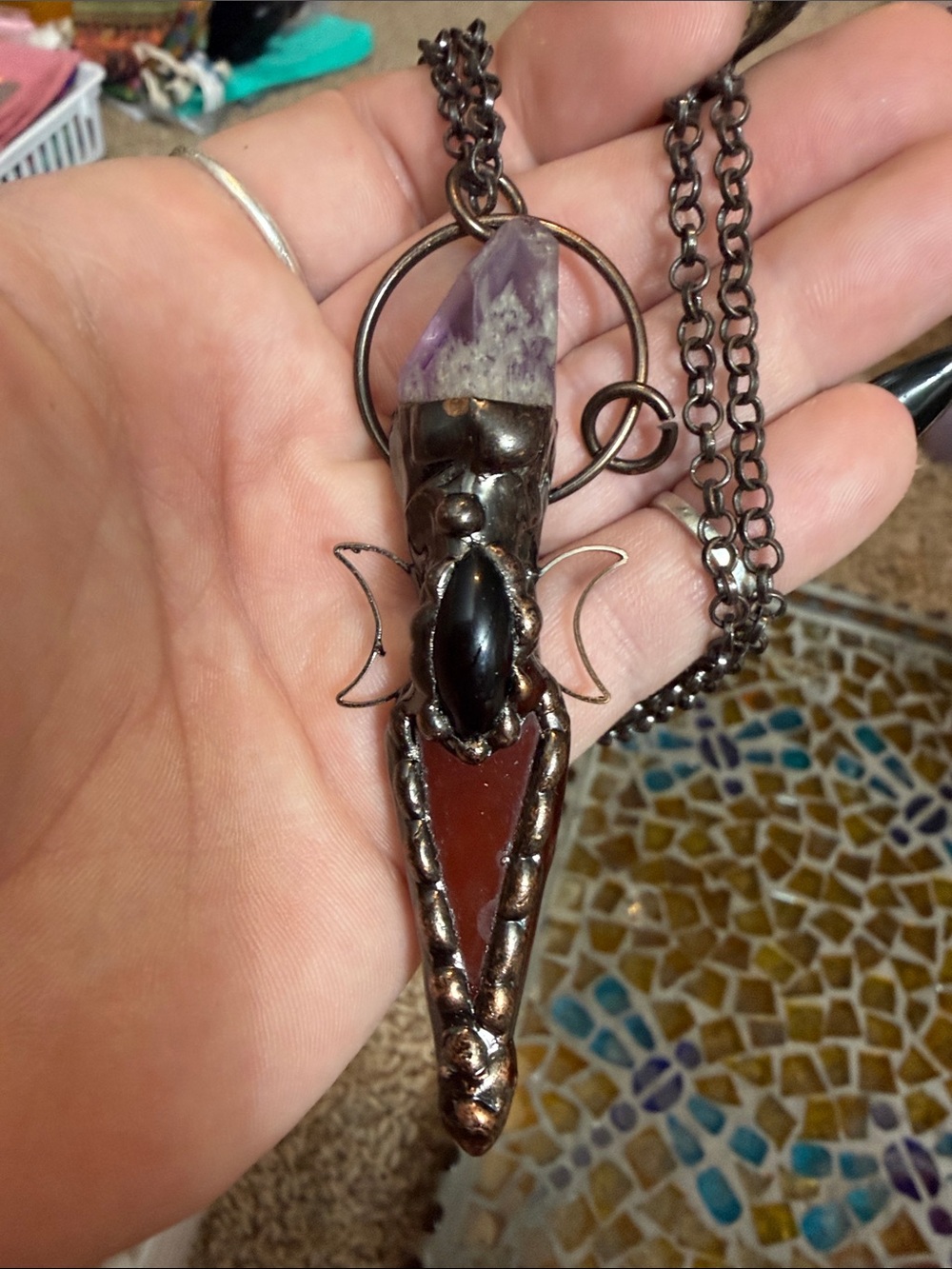 Amethyst & Black Onyx Witch Dagger Pendant Necklace